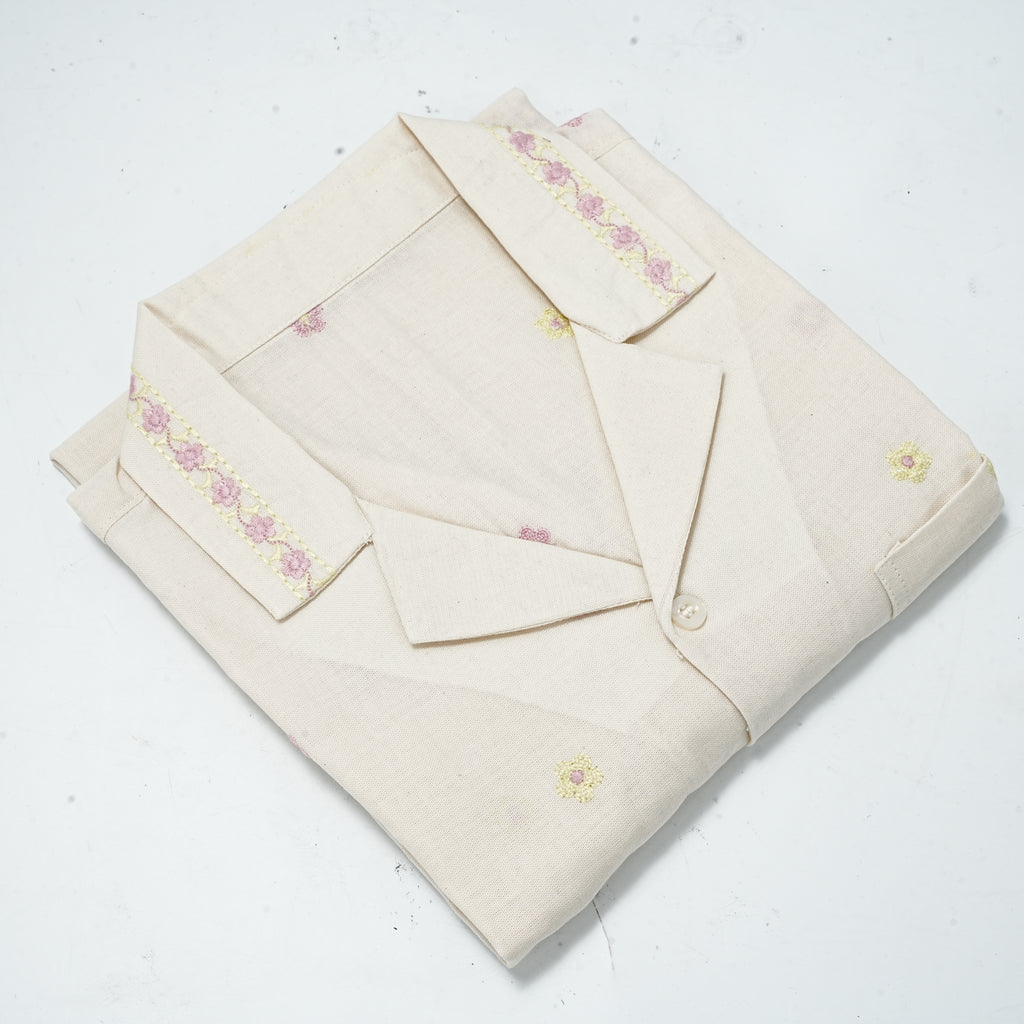 Ivory Bloom | Men's Cotton Embroidered Resort Collar Shirt