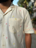 Ivory Bloom | Men's Cotton Embroidered Resort Collar Shirt