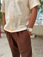 Ivory Bloom | Men's Cotton Embroidered Resort Collar Shirt
