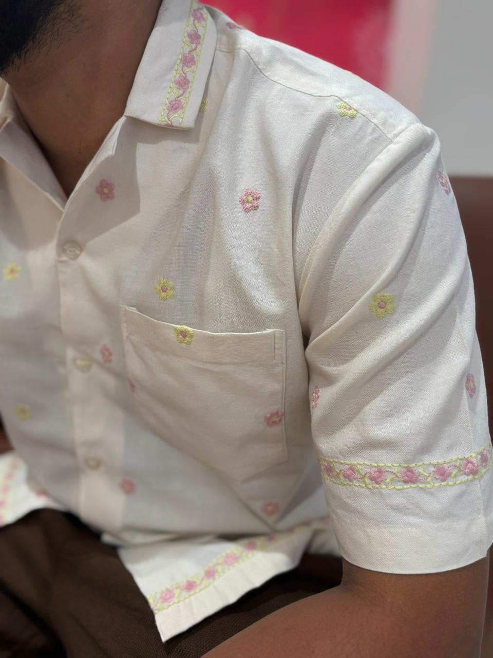 Ivory Bloom | Men's Cotton Embroidered Resort Collar Shirt