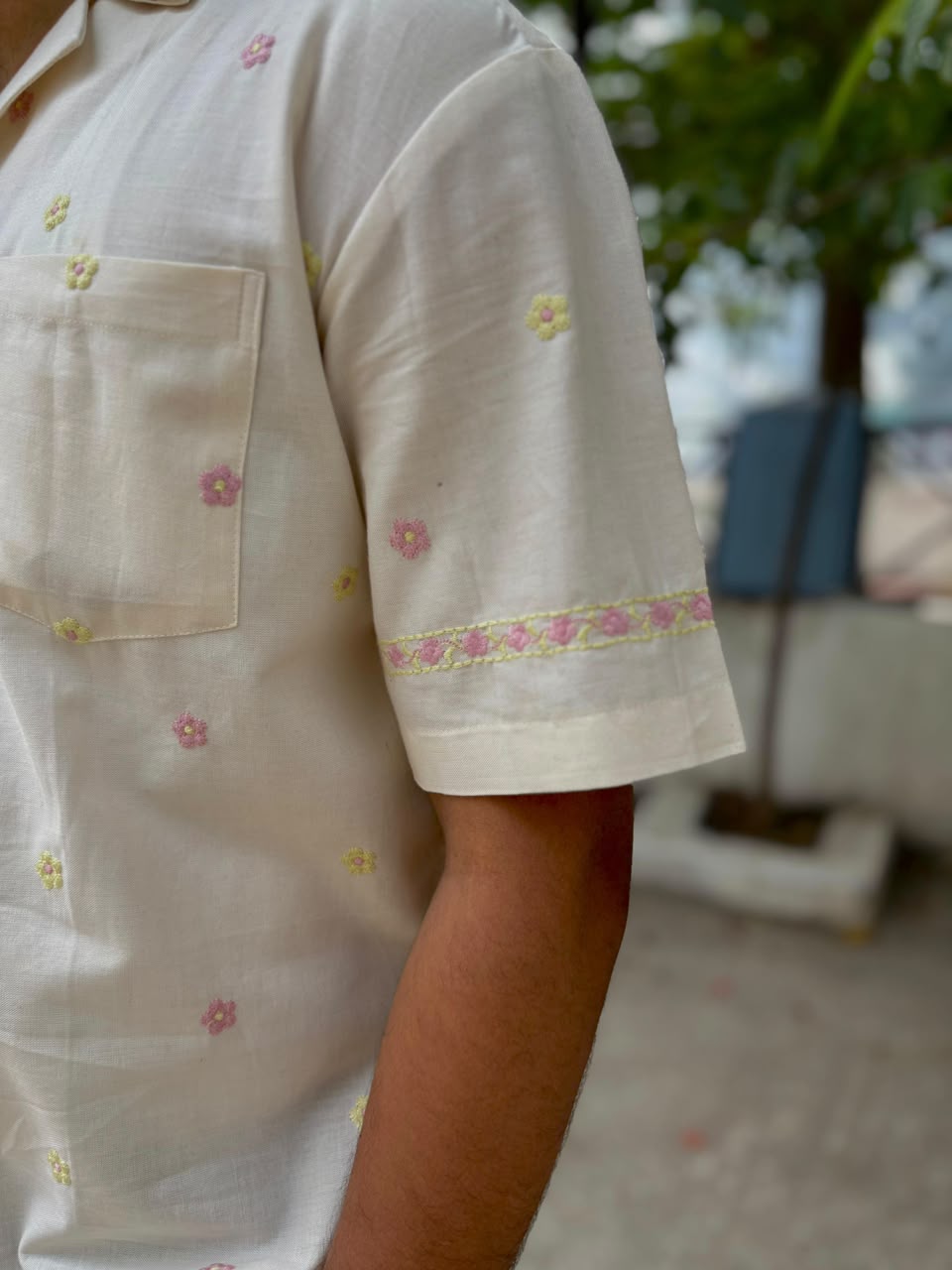 Ivory Bloom | Men's Cotton Embroidered Resort Collar Shirt