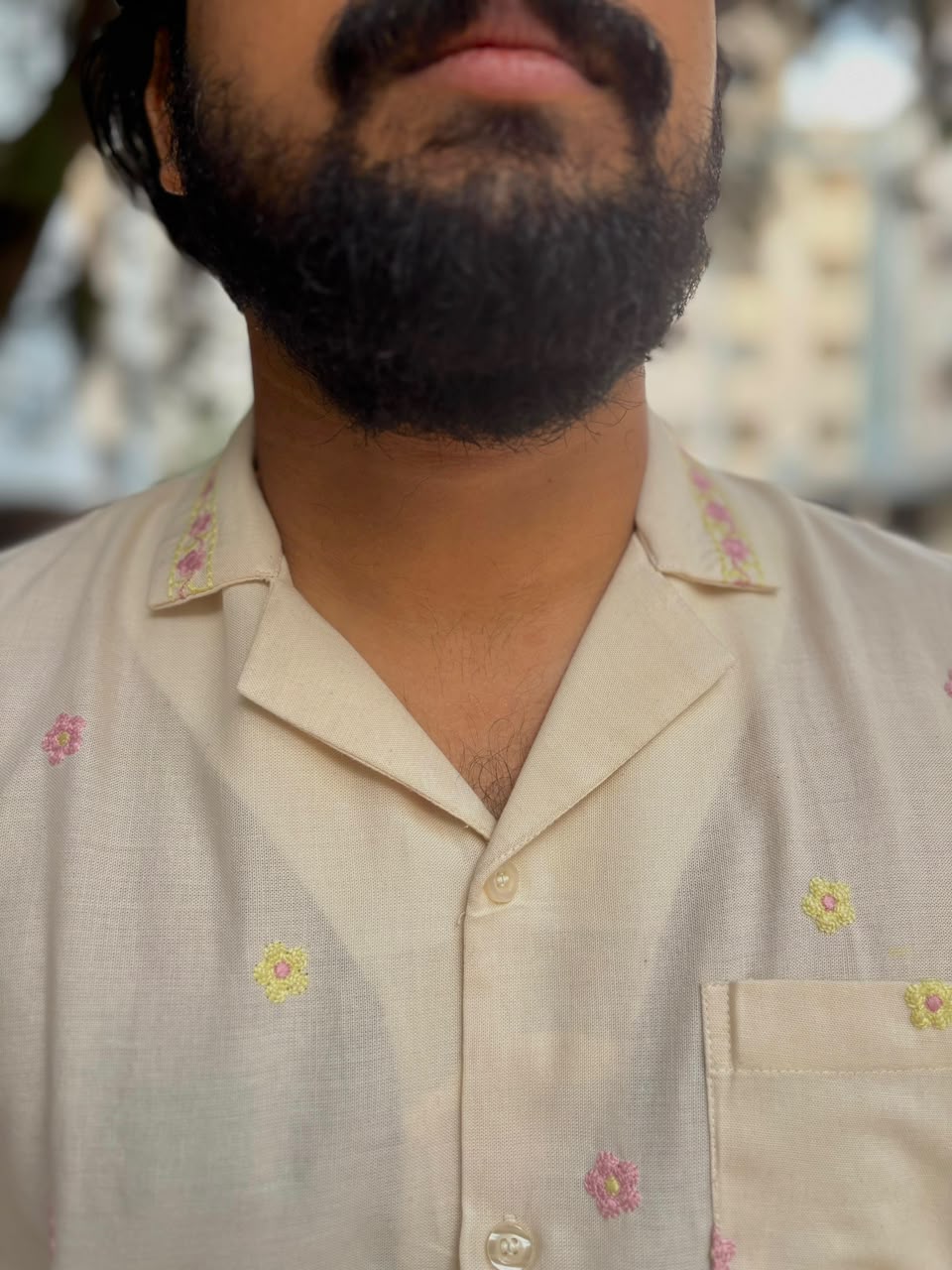 Ivory Bloom | Men's Cotton Embroidered Resort Collar Shirt
