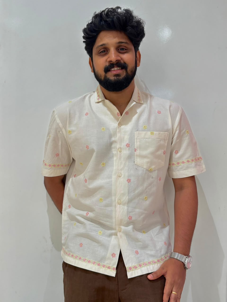 Ivory Bloom | Men's Cotton Embroidered Resort Collar Shirt