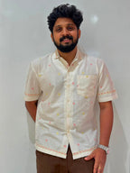 Ivory Bloom | Men's Cotton Embroidered Resort Collar Shirt